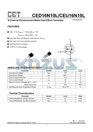 CEU16N10L datasheet - N-Channel Enhancement Mode Field Effect Transistor
