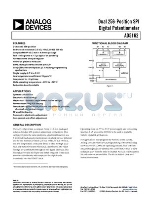 AD5162BRM10-RL7 datasheet - Dual 256-Position SPI Digital Potentiometer
