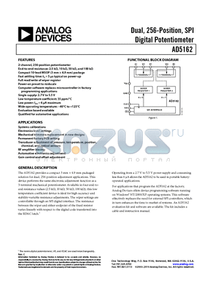 AD5162BRMZ10 datasheet - Dual, 256-Position, SPI Digital Potentiometer