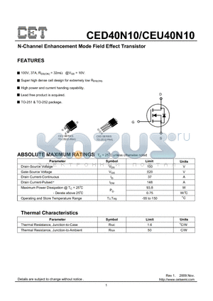 CEU40N10 datasheet - N-Channel Enhancement Mode Field Effect Transistor