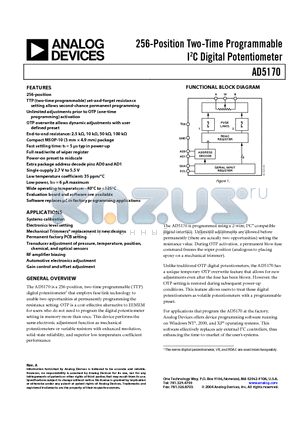 AD5170BRM10 datasheet - 256-Position Two-Time Programmable I2C Digital Potentiometer