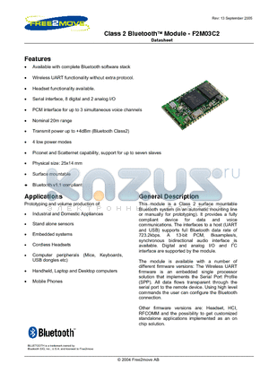 F2M03C2001 datasheet - Class 2 Bluetooth Module