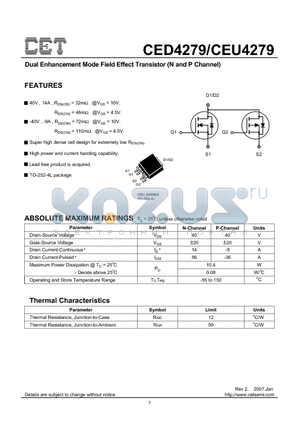 CEU4279 datasheet - Dual Enhancement Mode Field Effect Transistor (N and P Channel)