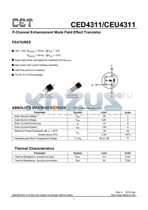 CEU4311 datasheet - P-Channel Enhancement Mode Field Effect Transistor