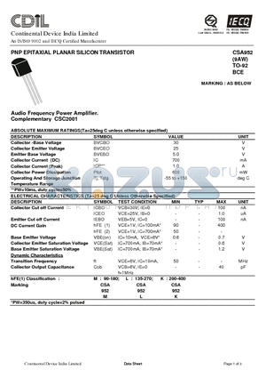 CSC2001 datasheet - PNP EPITAXIAL PLANAR SILICON TRANSISTOR