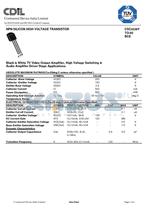 CSC2229Y datasheet - NPN SILICON HIGH VOLTAGE TRANSISTOR