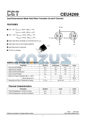 CEU4269 datasheet - Dual Enhancement Mode Field Effect Transistor (N and P Channel)