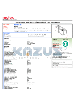 87834-4441 datasheet - 2.54mm (.100) Pitch C-Grid^ Header, Dual Row, Low Profile, Vertical, Shrouded, without PCB Locator, without End Window, 0.13lm (5l) Gold (Au) Flash Plating