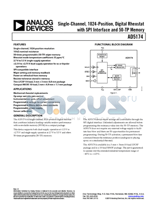 AD5174BCPZ-10-R2 datasheet - Single-Channel, 1024-Position, Digital Rheostat with SPI Interface and 50-TP Memory
