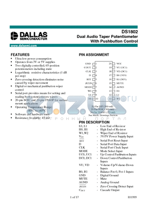 DS1802 datasheet - Dual Audio Taper Potentiometer With Pushbutton Control