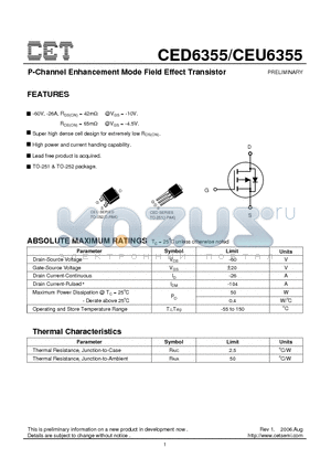 CEU6355 datasheet - P-Channel Enhancement Mode Field Effect Transistor