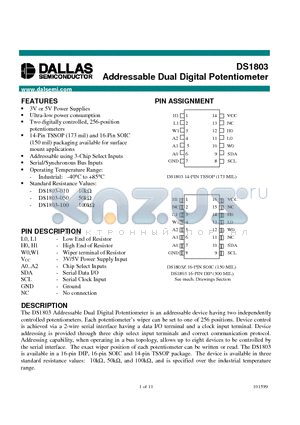DS1803Z-050 datasheet - Addressable Dual Digital Potentiometer