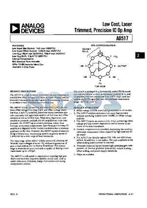 AD517JH datasheet - Low Cost, Laser Trimmed, Precision IC Op Amp