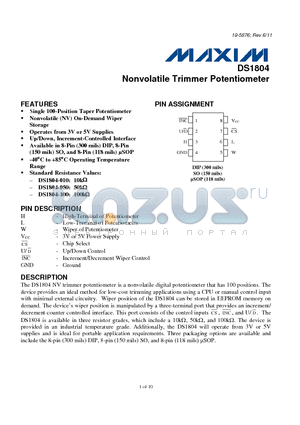DS1804U-050 datasheet - Nonvolatile Trimmer Potentiometer Operates from 3V or 5V Supplies