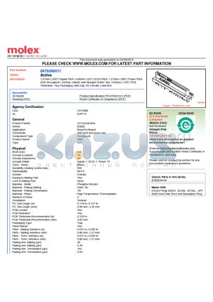 87839-0011 datasheet - 1.27mm (.050) Signal Pitch, 0.80mm (.031) SCSI Pitch, 1.27mm (.050) Power Pitch SAS Receptacle, Vertical, Hybrid, with Straight Solder Tab