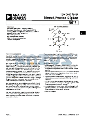 AD517KH datasheet - Low Cost, Laser Trimmed, Precision IC Op Amp