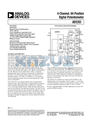 AD5203ARU10 datasheet - 4-Channel, 64-Position Digital Potentiometer