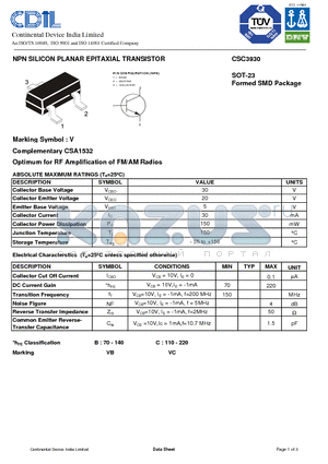 CSC3930 datasheet - NPN SILICON PLANAR EPITAXIAL TRANSISTOR