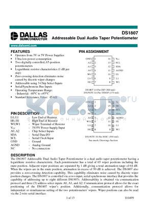 DS1807 datasheet - Addressable Dual Audio Taper Potentiometer