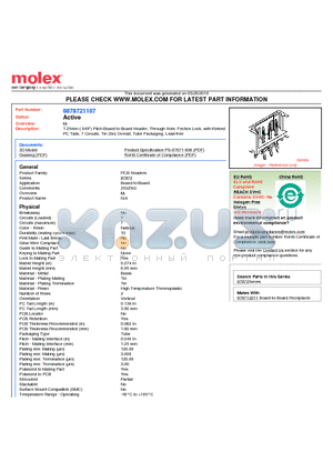 87872-1107 datasheet - 1.25mm (.049) Pitch Board-to-Board Header, Through Hole, Friction Lock, with Kinked PC Tails, 7 Circuits, Tin (Sn) Overall, Tube Packaging, Lead-free