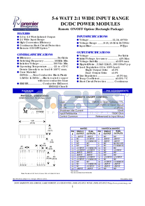 E2AD1212NX datasheet - 5-6 WATT 2:1 WIDE INPUT RANGE DC/DC POWER MODULES Remote ON/OFF Option (Rectangle Package)