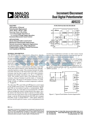 AD5222BRU50 datasheet - Increment/Decrement Dual Digital Potentiometer