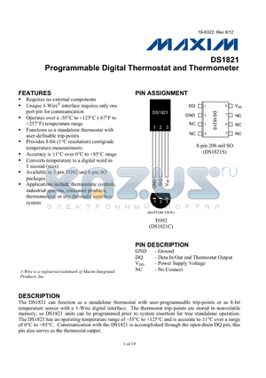 DS1821 datasheet - Programmable Digital Thermostat and Thermometer