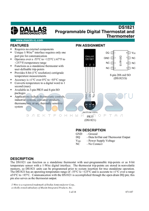 DS1821S+ datasheet - Programmable Digital Thermostat and Thermometer