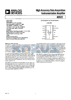 AD522SD datasheet - High Accuracy Data Acquisition Instrumentation Amplifier