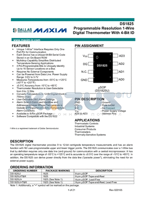 DS1825UTR datasheet - Programmable Resolution 1-Wire Digital Thermometer With 4-Bit ID