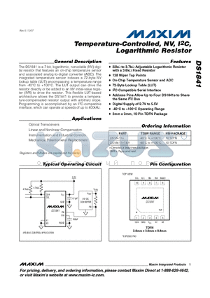 DS1841 datasheet - Temperature-Controlled, NV, I2C, Logarithmic Resistor