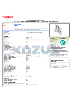 87898-2426 datasheet - 2.54mm (.100) Pitch KK^ Header, Surface Mount, Breakaway, Vertical, 24 Circuits, Tin (Sn) Overall Plating, Tube Packaging, without Cap, Lead- free