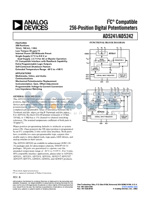 AD5242BR100-REEL7 datasheet - I2C Compatible 256-Position Digital Potentiometers
