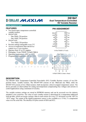 DS1847-050 datasheet - Dual Temperature-Controlled NV Variable Resistor