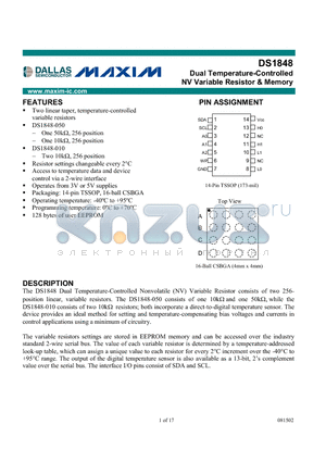 DS1848E-010 datasheet - Dual Temperature-Controlled NV Variable Resistor & Memory