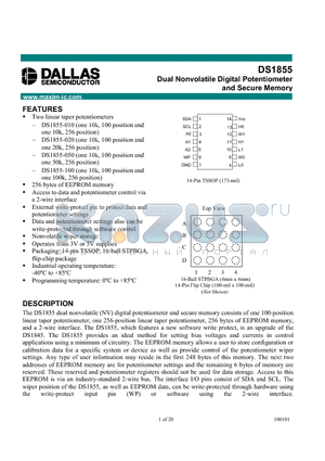 DS1855B-050 datasheet - Dual Nonvolatile Digital Potentiometer and Secure Memory