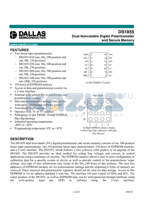 DS1855E-010/R datasheet - Dual Nonvolatile Digital Potentiometer and Secure Memory