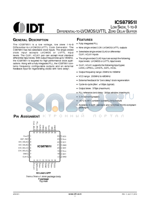 87951AYI datasheet - LOW SKEW, 1-TO-9 DIFFERENTIAL-TO-LVCMOS/LVTTL ZERO DELAY BUFFER