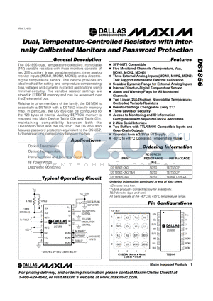 DS1856B-002T datasheet - Dual, Temperature-Controlled Resistors with Internally Calibrated Monitors and Password Protection