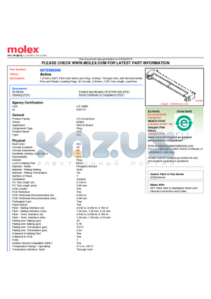 87959-0006 datasheet - 1.27mm (.050) Pitch SAS Multi-Lane Plug, Vertical, Through Hole, with Beveled Metal Pins and Plastic Locating Pegs, 32 Circuits, 3.50mm (.138) Tail Length, Lead-free