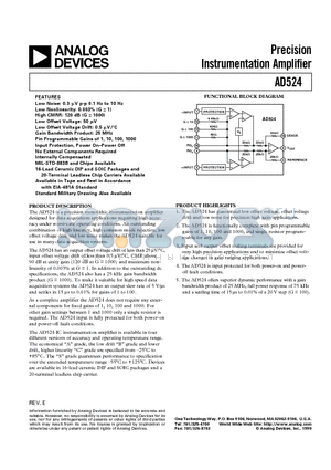 AD524AR-16-REEL7 datasheet - Precision Instrumentation Amplifier