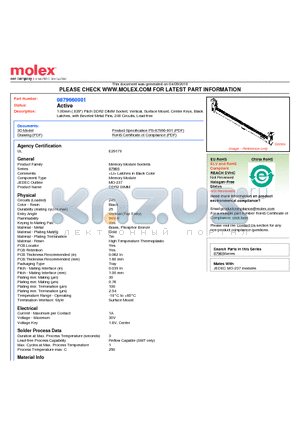 87966-0001 datasheet - 1.00mm (.039) Pitch DDR2 DIMM Socket, Vertical, Surface Mount, Center Keys, Black Latches, with Beveled Metal Pins, 240 Circuits, Lead-free