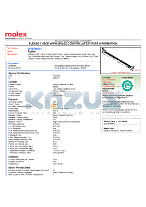 87978-0051 datasheet - 1.00mm (.039) Pitch DDR-2 DIMM Socket, Vertical, with Beveled Metal Pins, Very Low Profile Black Latches, 240 Circuits, 1.8V Center Voltage Key, 2.67mm (.105) Tail Length