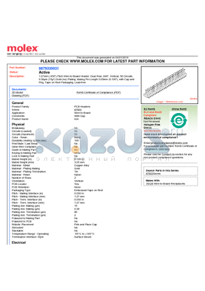 87933-5031 datasheet - 1.27mm (.050) Pitch Wire-to-Board Header, Dual Row, SMT, Vertical, 50 Circuits, 0.38lm (15l) Gold (Au) Plating, Mating Pin Length 3.05mm (0.120)