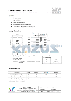 F3256 datasheet - SAW Bandpass Filter