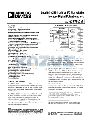 AD5254BRU1-RL7 datasheet - Quad 64-/256-Position I2C Nonvolatile Memory Digital Potentiometers