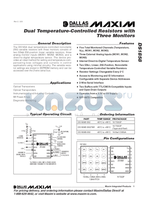 DS1858B-050 datasheet - Dual Temperature-Controlled Resistors with Three Monitors