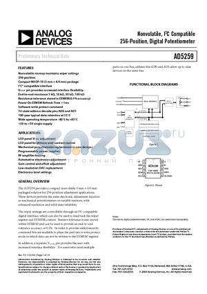 AD5259BCPZ10-R7 datasheet - Nonvolatile, I2C-Compatible 256-Position, Digital Potentiometer