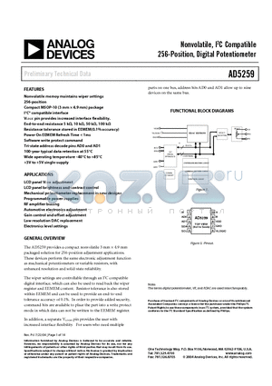 AD5259BCPZ50-R7 datasheet - Nonvolatile, I2C-Compatible 256-Position, Digital Potentiometer