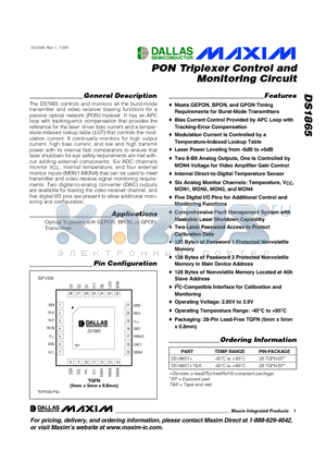 DS1865 datasheet - PON Triplexer Control and Monitoring Circuit